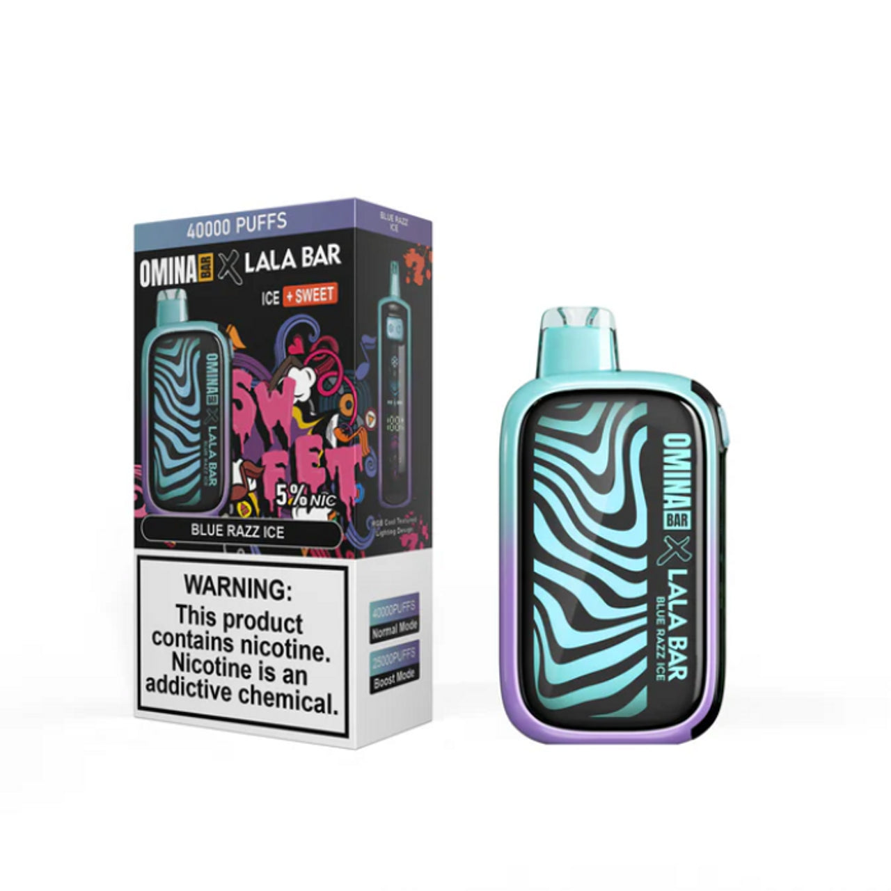 Ominia x Lala Bar vape device and packaging on a white background