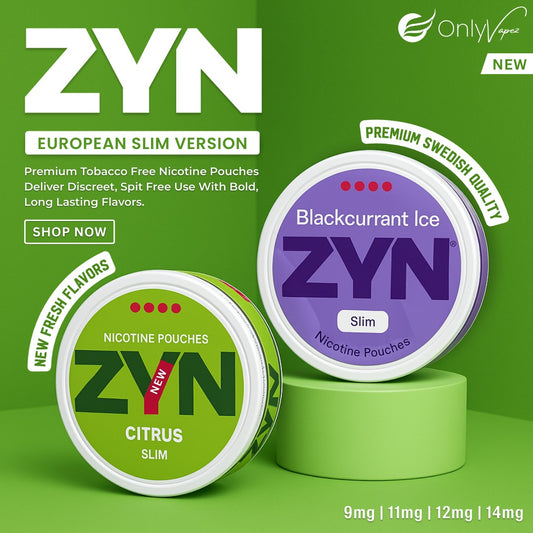 ZYN nicotine pouches in Citrus and Blackcurrant Ice flavors on a green background only vapez